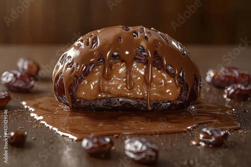 Close up of chocolate covered date with creamy filling