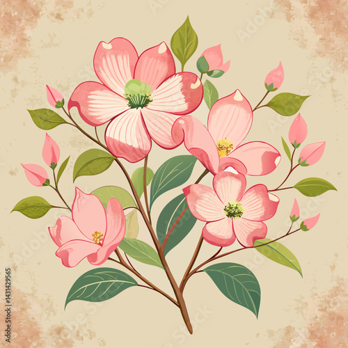 Elegant Pink Dogwood Blossoms Branch with Buds Vintage Style Illustration