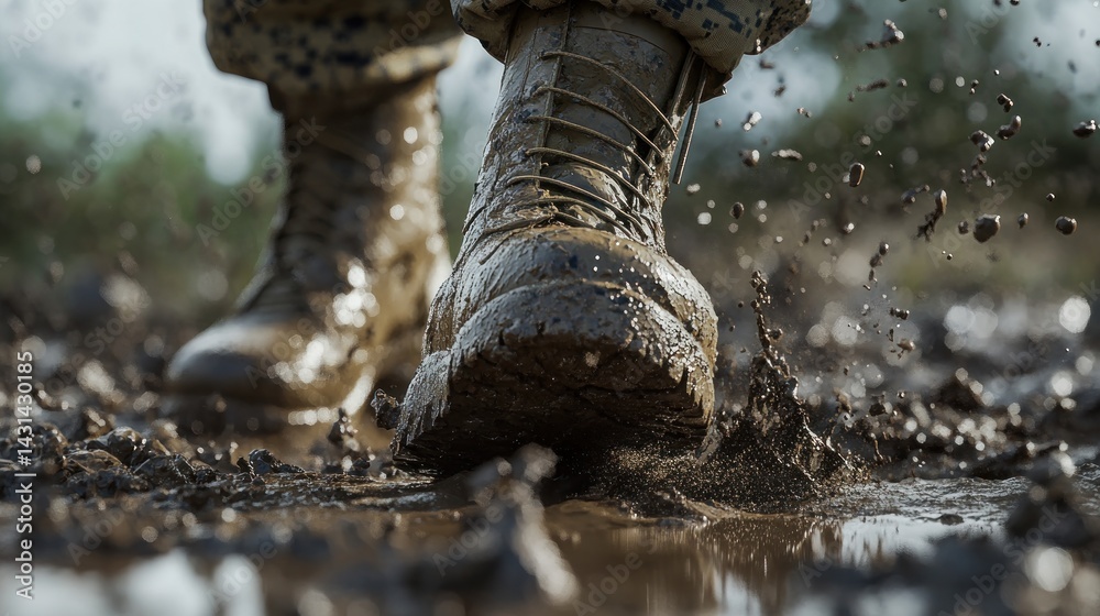 Obraz premium Soldier's muddy boots splashing through a puddle