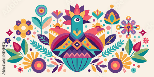 Vibrant Folk Art Bird with Colorful Floral Surroundings