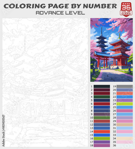 Color by Number Printable – Japanese Pagoda with Cherry Blossoms, Advanced Asia-Inspired Landscape Coloring Page