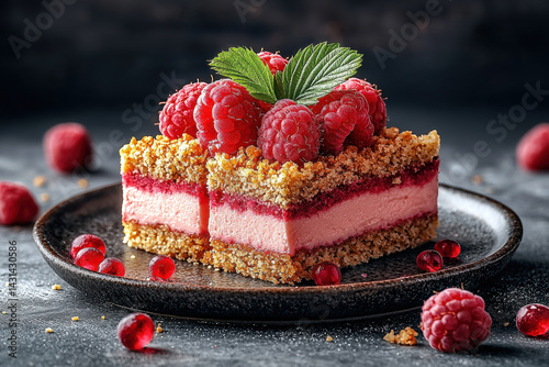 Delicious raspberry cheesecake with crumbly crust and fresh berries on dark plate