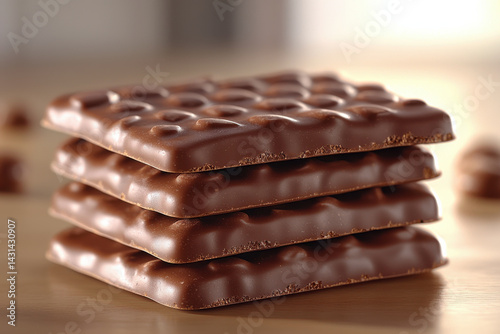 Stacked milk chocolate bars with textured surface on wooden table, warm and inviting