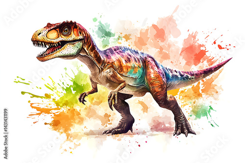 Fototapeta Naklejka Na Ścianę i Meble -  Colorful dinosaur illustration with vibrant splashes of paint in the background, showcasing a lively scene