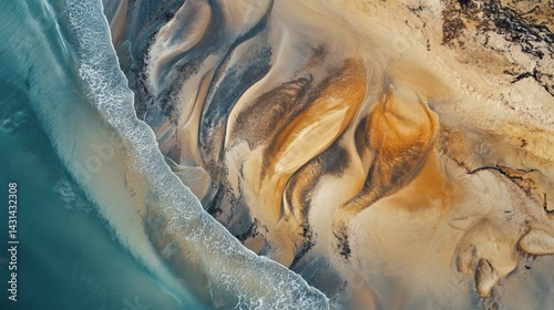 Coastal aerial view, sand patterns, ocean waves, abstract texture. Background use website, design