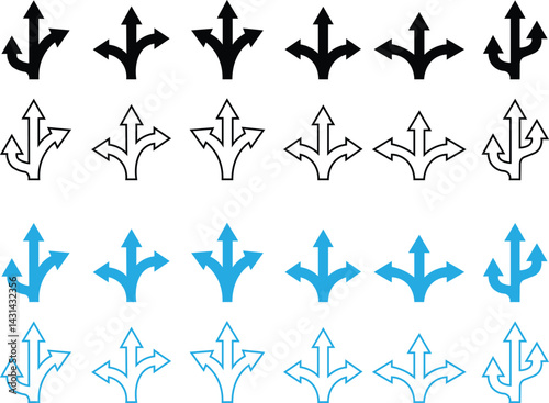 Road traffic direction arrows. You-turn, left, right, two way, three way transportation direction arrow symbol. decision icon vector Trafic way icon isolated Road arrow Sketch Eps 10