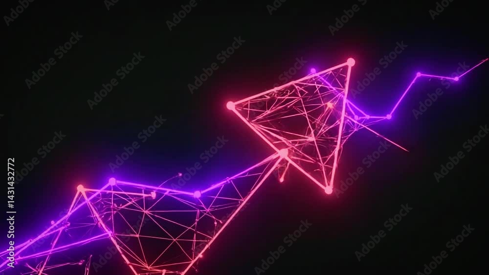 A wireframe mesh of nested polygons arrow pentagons hexagons heptagons grows concentrically. Dots appear at each vertex, connected by thin neon lines