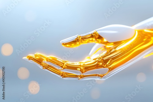 A golden robotic hand with a white exterior is outstretched, palm up, against a bokeh background