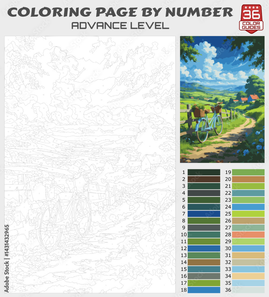 Fototapeta premium Color by Number Printable – Horse-Drawn Carriage on Country Road, Advanced Rural Landscape Coloring Page