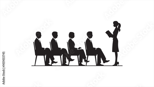 Vector silhouette drawing of a group of people in a job interview setting