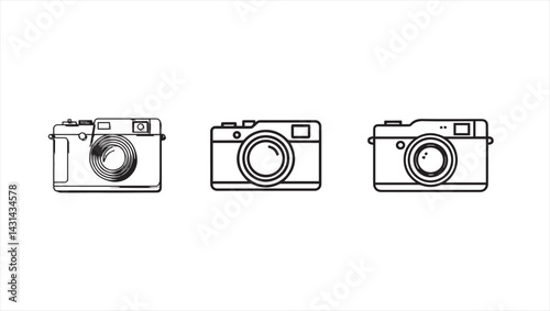 A minimalist black and white line drawing of a camera, with a simple, modern design. The camera has a rectangular body and a lens.camra logo vector
