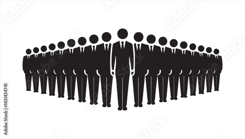 Vector silhouette of a large group of people standing in a line, with a single person standing in the center.
