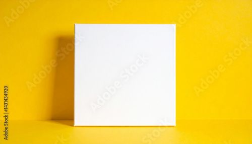 White square canvas mock-up standing, yellow background. Blank poster. Natural lighting.