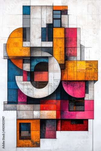 Abstract geometric shapes in bright colors create a vibrant and modern composition.