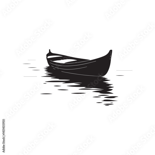 A black and white drawing of a small boat, a traditional wooden rowboat with a pointed bow