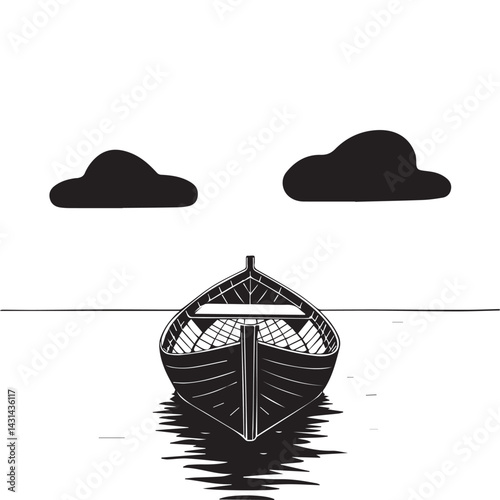 A black and white drawing of a small boat, a traditional wooden rowboat with a pointed bow