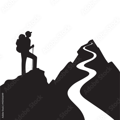  Vector silhouette of a hiker and their backpack standing on a rocky outcrop, looking at a winding path that leads to a mountain range in the background