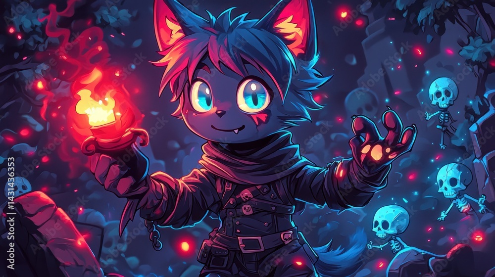 Cute fox holding torch in spooky graveyard Cute fox holding torch in spooky graveyard