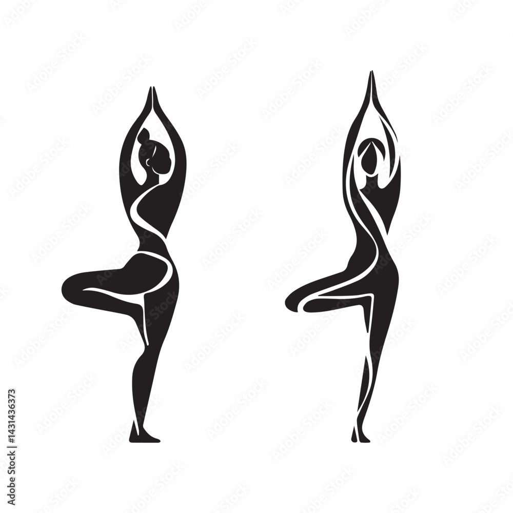 Fototapeta premium black and white digital illustration of a woman in a yoga tree pose, silhouette vector 