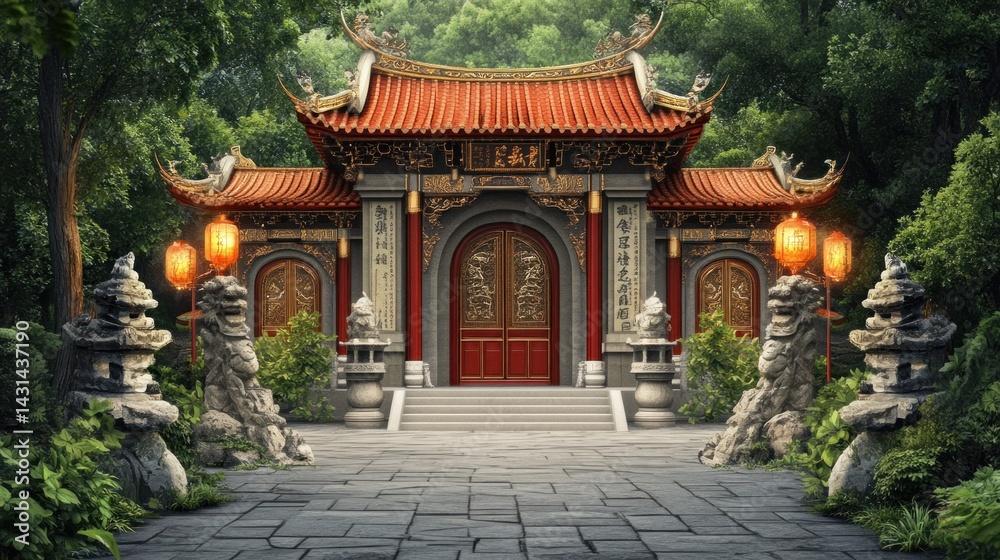 Fototapeta premium Tranquil Asian temple nestled in lush forest. Ornate architecture, stone lions guard entrance, pathway leads to grand structure