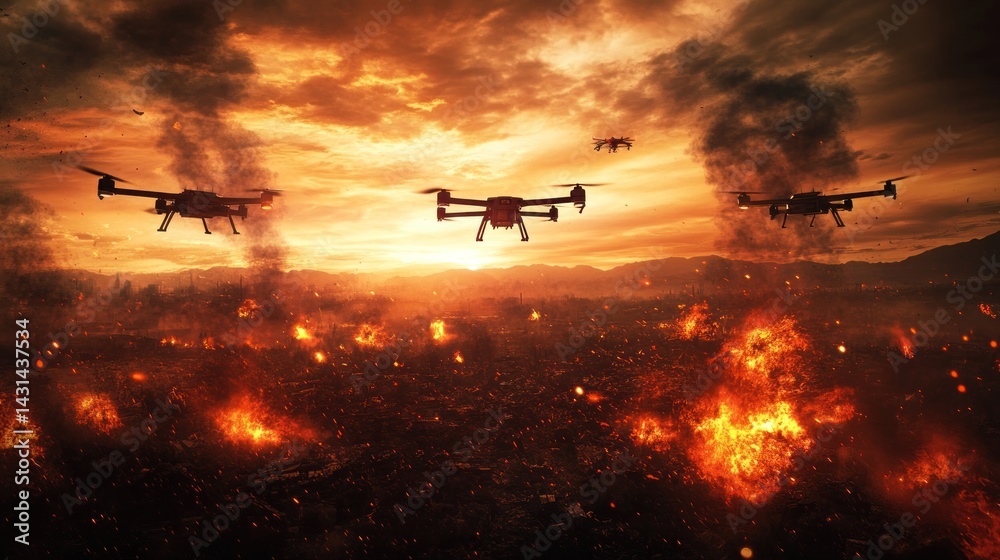 Drone attack on a burning city at sunset Drone attack on a burning city at sunset