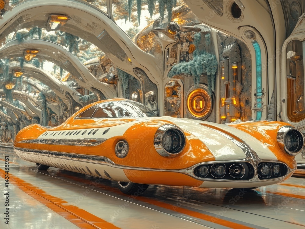 Fototapeta premium Futuristic orange and white car in an ornate architectural setting.