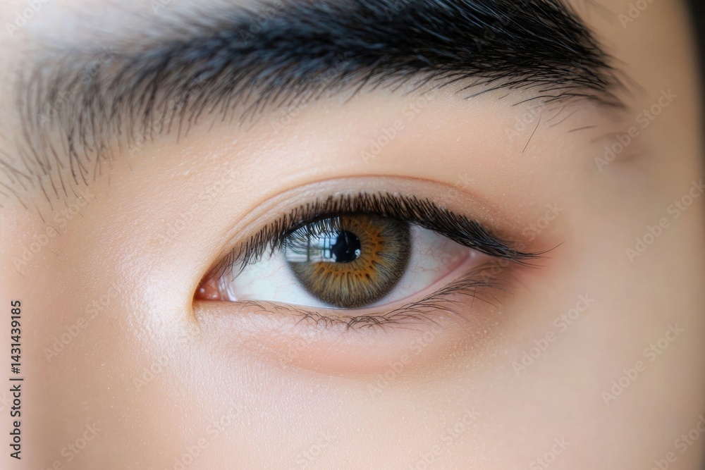 Obraz premium Close-up of human eye with brown iris and detailed eyelashes