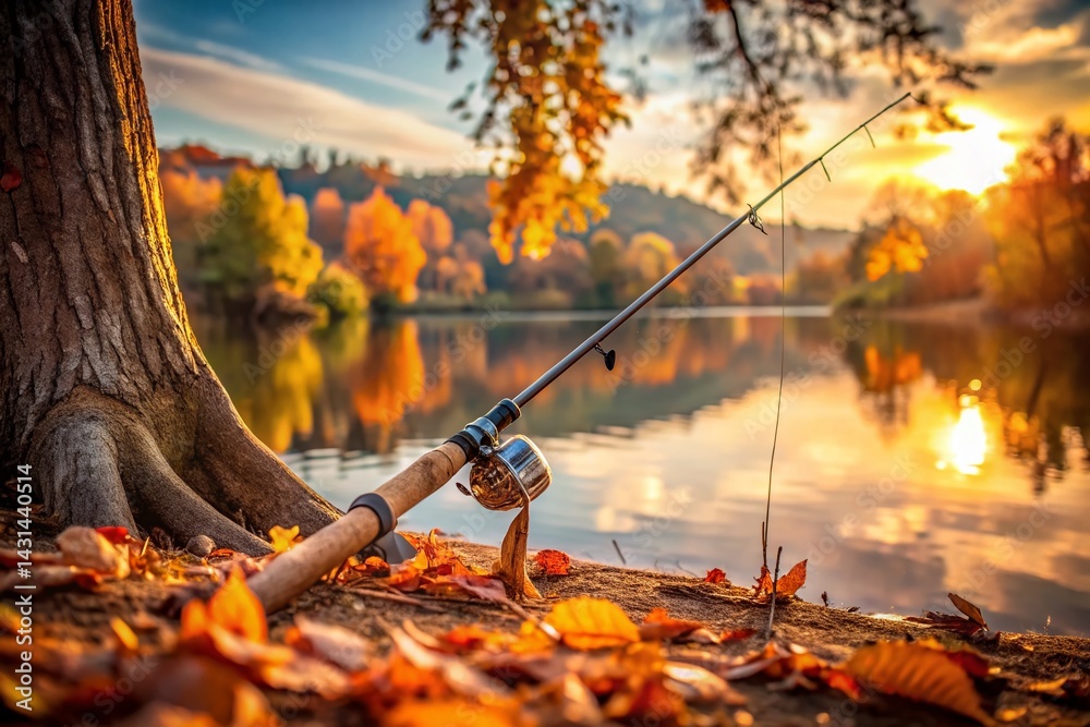 Naklejka premium Autumn Serenity: Fishing Rod Leaning Against a Lake Tree