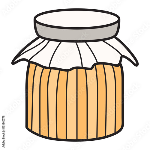 Cartoon jar with golden contents and a fabric cover, ideal for food, kitchen, and rustic design projects.