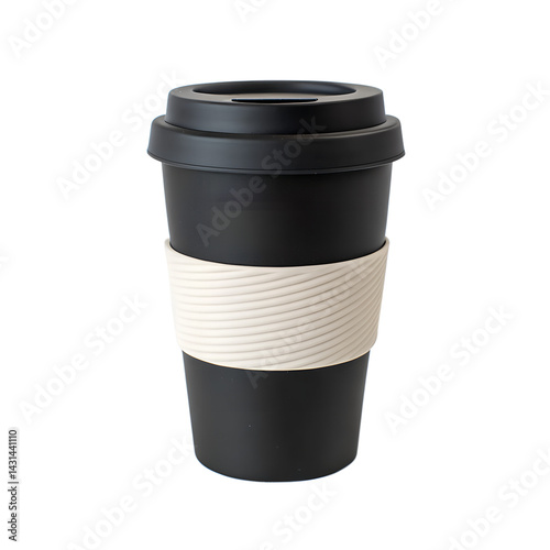 A Black reusable coffee cup with a silicone sleeve., isolated on a transparent background photo