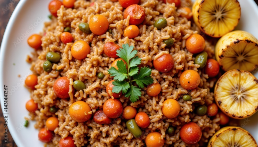 Bright Vegetarian Rice Dish with Fresh Herbs - A Culinary Delight Captured in Home Kitchen Photography