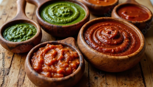 Obraz na płótnie Delicious Sauces and Chutneys Culinary Kitchen Food Photography Rustic Setting Close-Up View Flavorful Variety w salonie