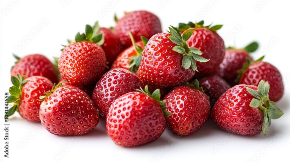Fresh ripe strawberries with green stems on white background, close-up photo. Fresh ripe strawberries with green stems on white background, close-up photo.