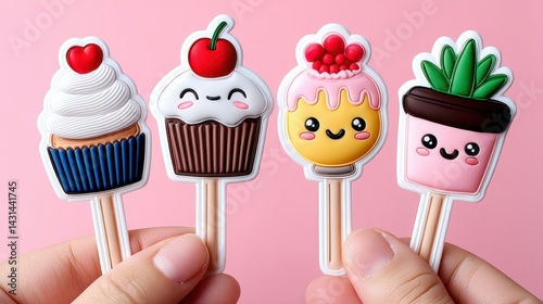 Cute Cartoon Cupcakes and Succulent on Sticks Against Pink Background