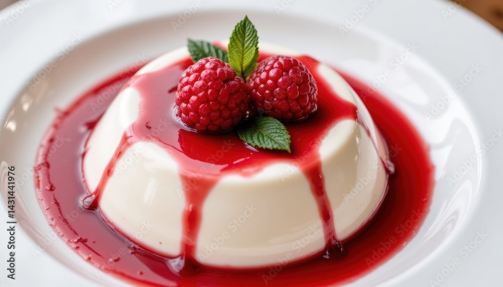 Fine Dining Dessert Panna Cotta with Raspberry Sauce Captured in Close-Up Culinary Photography