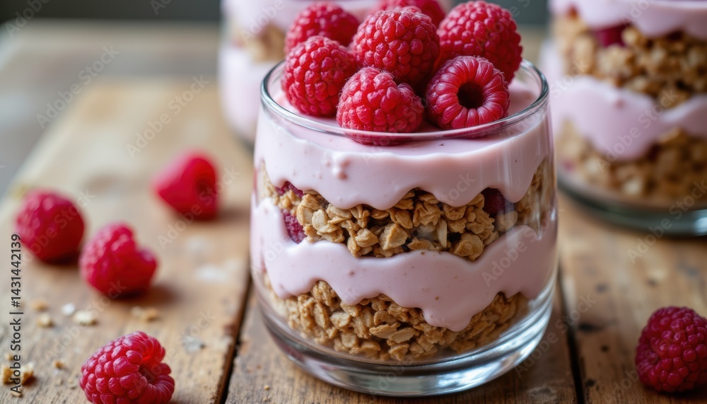 Delicious Raspberry Yogurt Parfaits Rustic Kitchen Food Photography Cozy Atmosphere Close-Up Healthy Dessert Inspiration