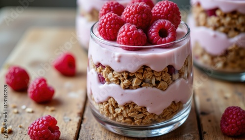Obraz na płótnie Delicious Raspberry Yogurt Parfaits Rustic Kitchen Food Photography Cozy Atmosphere Close-Up Healthy Dessert Inspiration w salonie