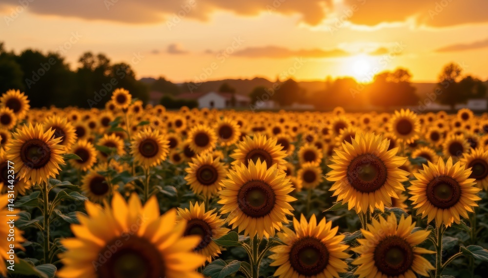 Sunflower Field Sunset Rural Landscape Nature Photography Golden Hour Wide-Angle View Vibrant Colors for SEO