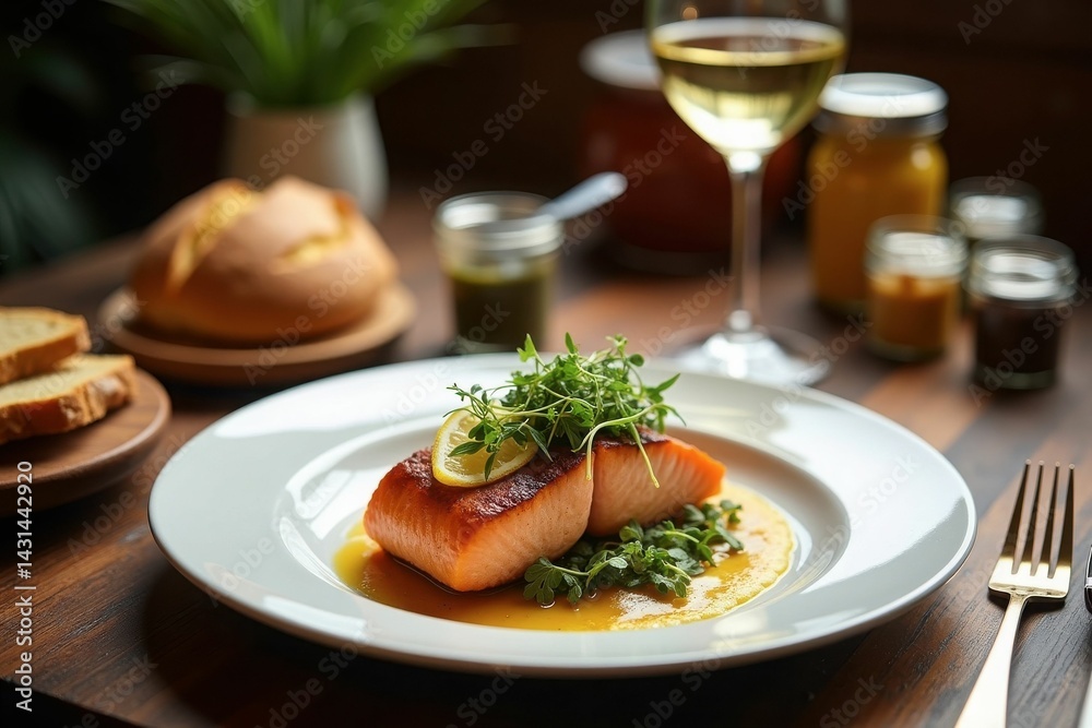 A large steak of red salmon fish, with mushrooms, asparagus, cherry tomatoes and fried lemon. Serving dishes in a restaurant on a white plate. A large steak of red salmon fish, with mushrooms, asparagus, cherry tomatoes and fried lemon. Serving dishes in a restaurant on a white plate.