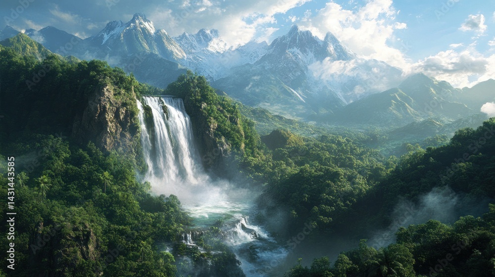 Fototapeta premium Majestic Waterfall Cascading Down Lush Mountains