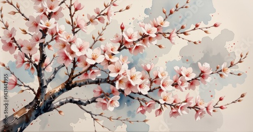 Blossoming Cherry Tree Branch Tranquil Landscape Floral Art Serene Setting Close-Up Nature's Beauty