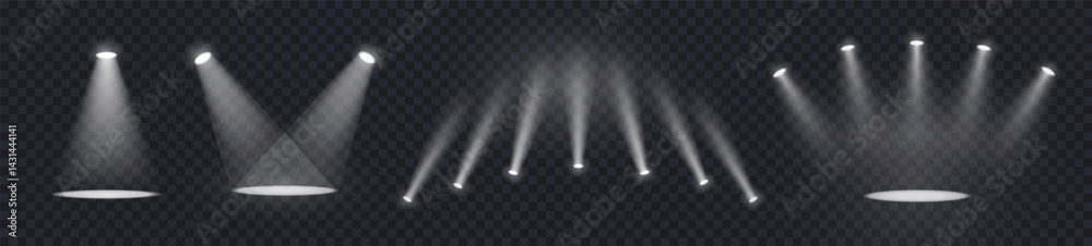 Realistic light source set on transparent bg with reflection on floor.  Spotlight on dark wall, realistic soft concert light on abstract stage png. White projector scene with rays, vector illustration