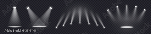 Realistic light source set on transparent bg with reflection on floor.  Spotlight on dark wall, realistic soft concert light on abstract stage png. White projector scene with rays, vector illustration