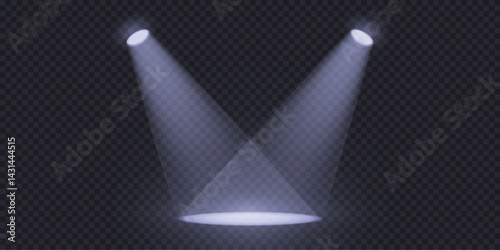 Spotlight effect background, magic blue shine, soft beams overlay on transparent bg. Light source projector on scene, bright white lighting, spot light isolated, vector illustration.
