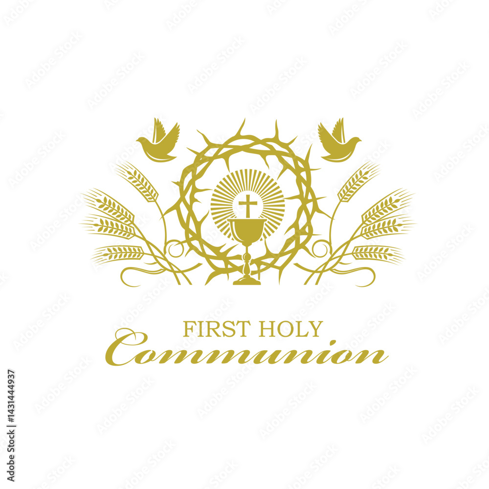Naklejka premium golden holy communion icon with chalice and thorn crown isolated on white background