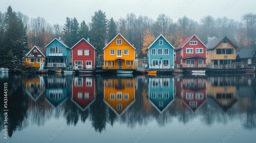 Obraz premium Colorful Lakeside Houses in Autumn Mist