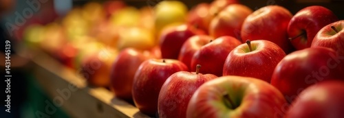 Fresh food on the counter. Market. Shop. Fruit sale. Apples.