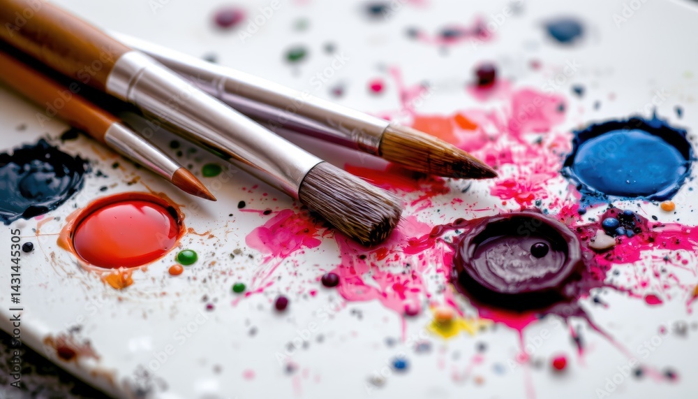 High-Resolution Close-Up of Creative Painting with Vibrant Colors and Brushes in Art Studio