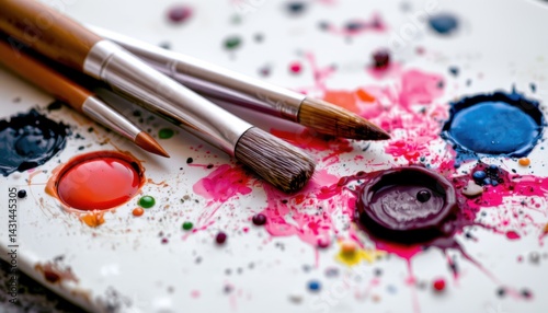Obraz na płótnie High-Resolution Close-Up of Creative Painting with Vibrant Colors and Brushes in Art Studio w salonie