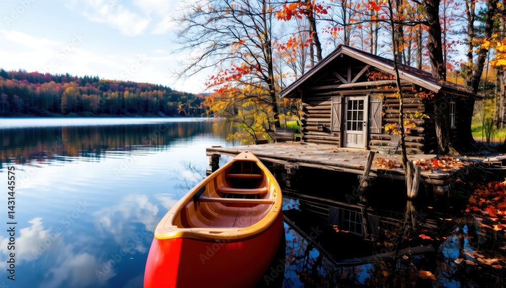 Autumn Canoeing Adventure at Tranquil Lake Cabin Serene Nature Scene Vibrant Environment Scenic View